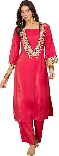 EthnicJunction Women's Silk Blend Embroidered & Mirror Work Kurta Palazzo Set | Fusion wear Women | Ethnic Set | Wedding |...