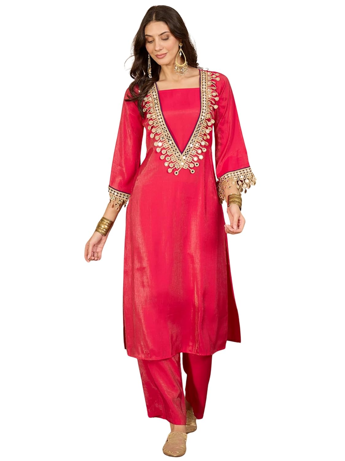 EthnicJunction Women’s Silk Blend Embroidered & Mirror Work Kurta Palazzo Set | Fusion wear Women | Ethnic Set | Wedding | Party EthnicJunction Women’s Silk Blend Embroidered & Mirror Work Kurta Palazzo Set | Fusion wear Women | Ethnic Set | Wedding | Party
