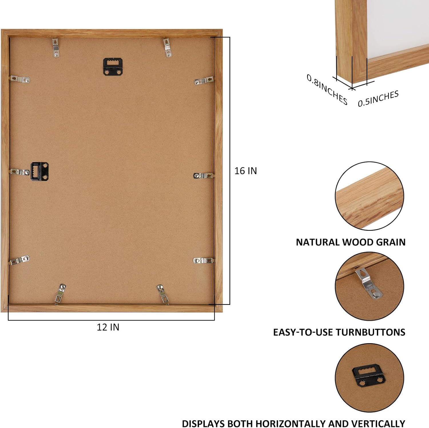 Oak Series 12x16 Solid Oak Picture Frame, Natural Grain Finish, Matted to 9.6x11.6, Gallery-Style Acrylic Front, Minimalist Narrow Border