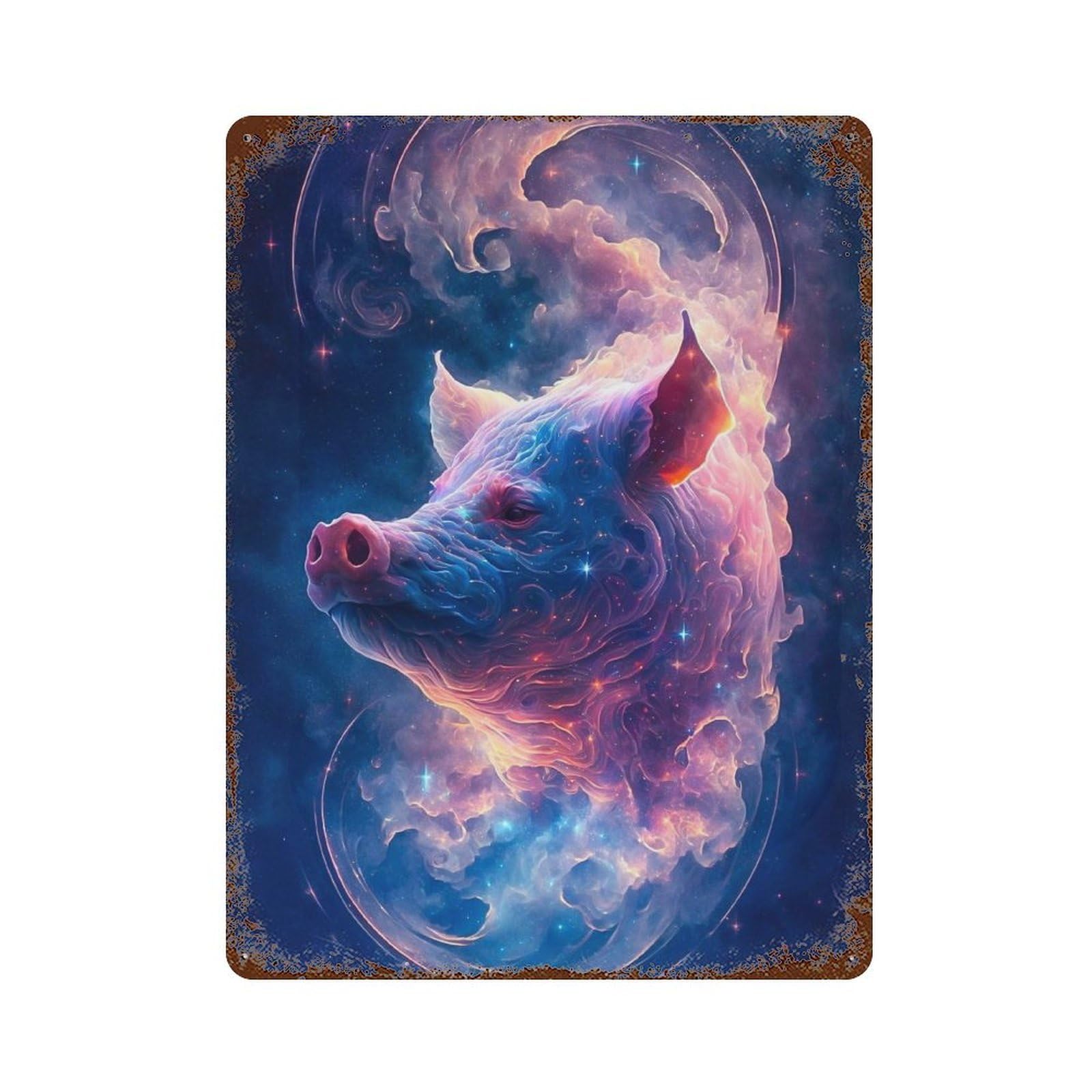 Rust Effect Cosmic Pig Art Print Rustic Tin Plaque 15.7"x11.8", Shabby Chic Decor for Basement, Hobby Room And Garage Decor