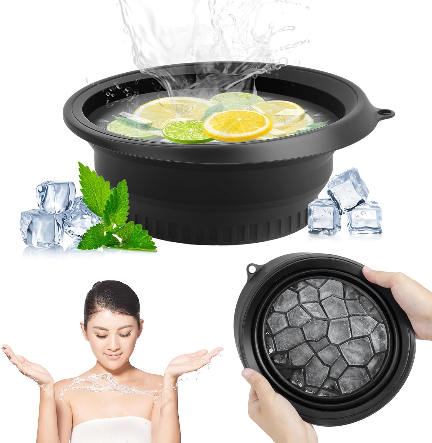 Face Bowl for Ice with Built-in Icetray, Collapsible Silicone Bowl for Face Ice Bath, Space Saving Wash Basin for Cold Plunge Therapy, Skin Tightening & Acne Relief, Spa Tool for Home Travel (Black)