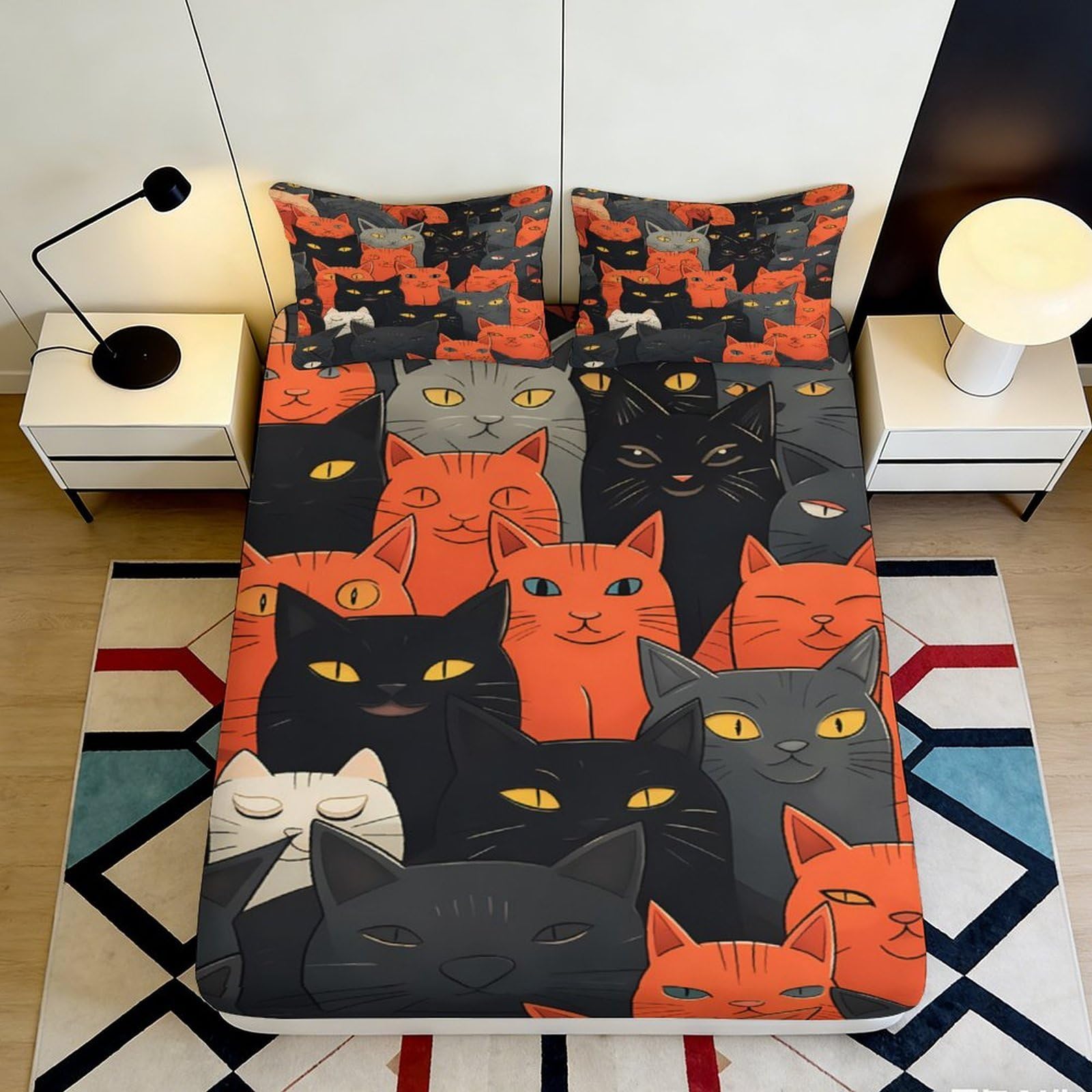 3D Printed Black Cat Pattern Fitted Sheet Microfiber Orange Cartoon Cats Mattress Cover for Bedroom Guest Room Decor 90x200x25cm
