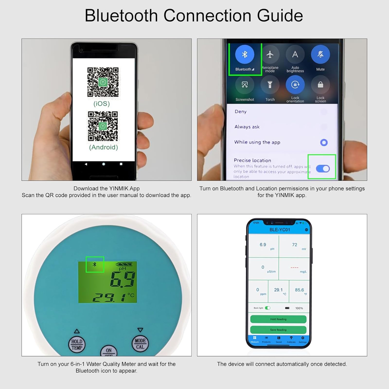 Analizador De Calidad del Agua 6 En 1, Monitor Flotante De Calidad del Agua con Bluetooth, Mide El PH, La Conductividad Eléctrica (EC), El Potencial De Oxidación-reducción (ORP), El Cloro