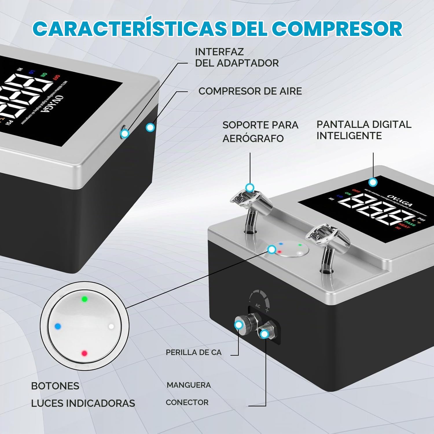 Compresor Aerógrafo de Grado Profesional, Mini Compresor de Alto Rendimiento con Pantalla Digital Inteligente y Control de Presión Preciso para Pintura de Modelos