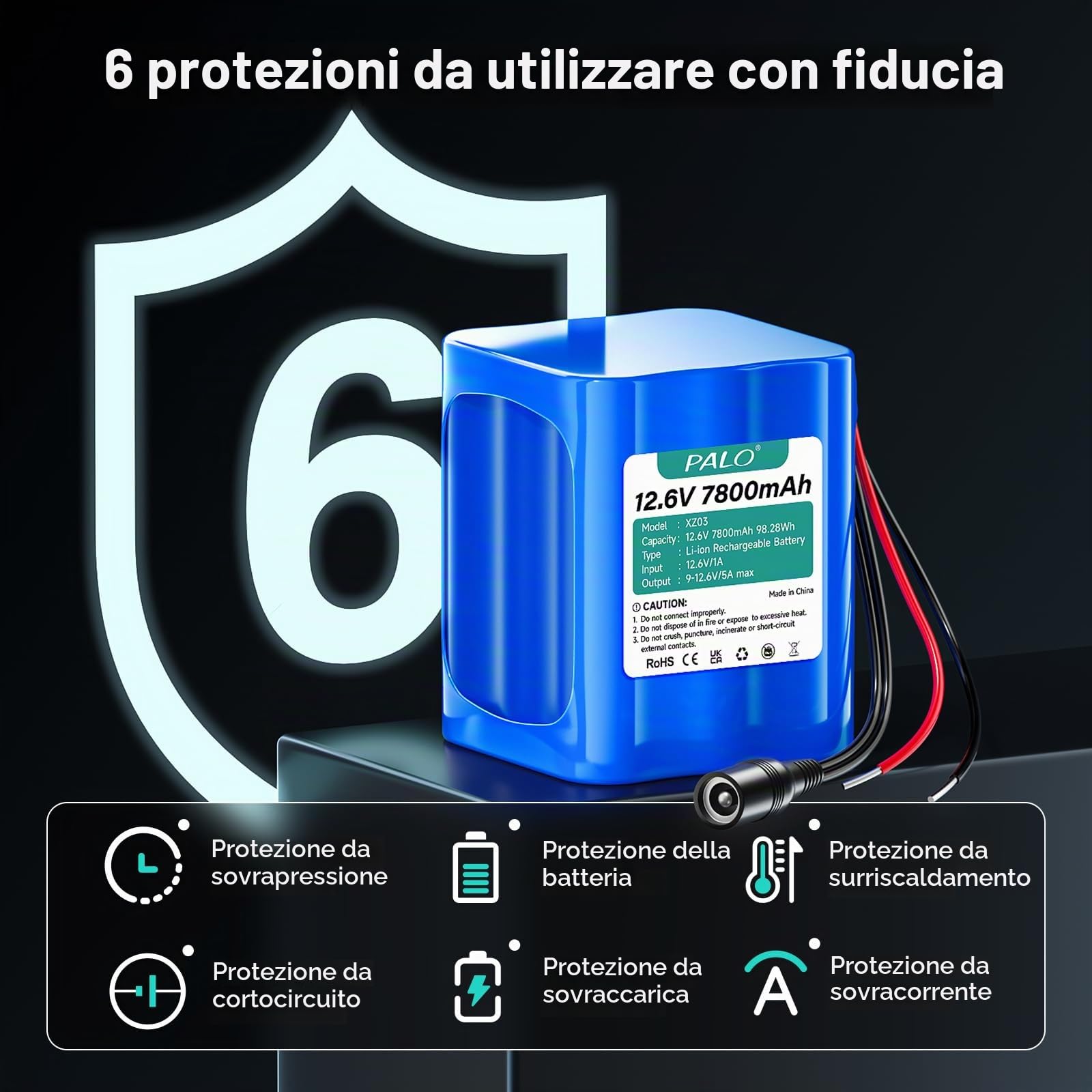 Batteria 12.6V 7800mAh ioni litio con caricabatterie e adattatore linea e connettore collegamento,per pannello solare,videocamere,videosorveglianza,router domestico,sistemi di allarme
