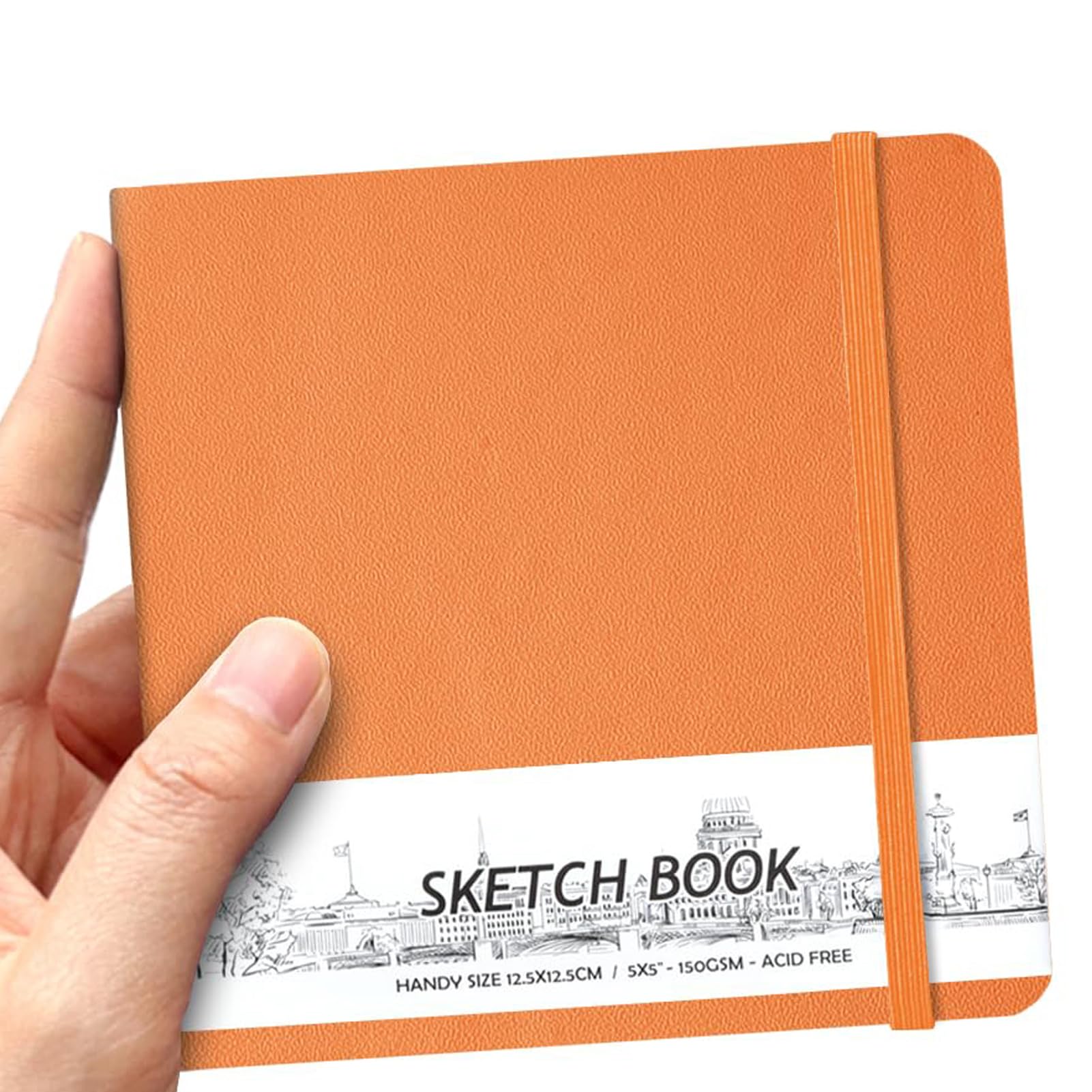 KASTWAVE 5" x 5", 58 Sheets 150 GSM Beige Dowling Paper, Hardcover PU Leather Sketchbook, Office School Supplies, Notebooks Blank Pages Sketchbooks, for Beginners Artists, Orange