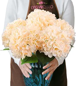 6PCS Large Silk Hydrangea Flowers, 20 In Full Faux Hydrangea Artificial Flowers with Stems Leaves for Fake Fall Bouquets Porch Home Wedding Party Wreath Arrangements Indoor Outdoor (Champagne)