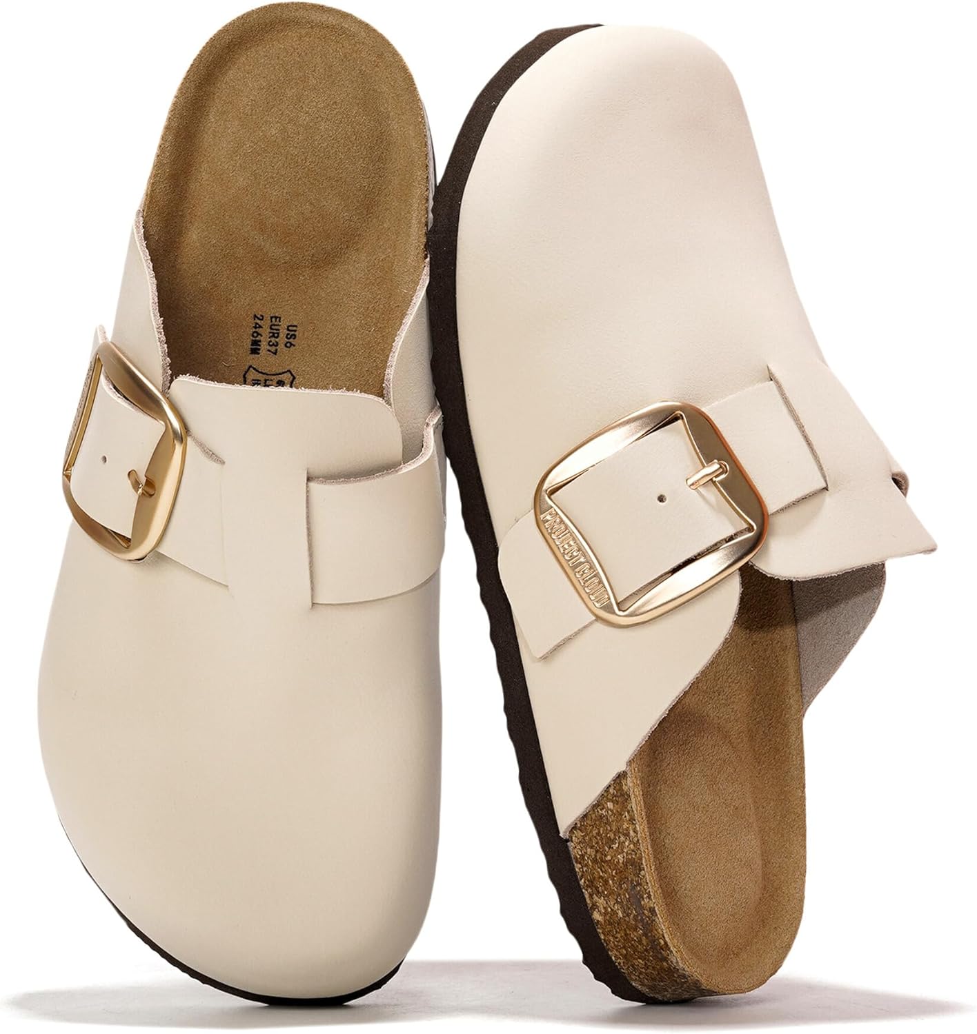 Project Cloud 100% Genuine Leather Clogs for Women Shoes - Memory Foam Insole, Non-Slip & Natural Cork Footbed Arch Support Big Buckle Womens Clogs and Mules Footwear (Manchester)