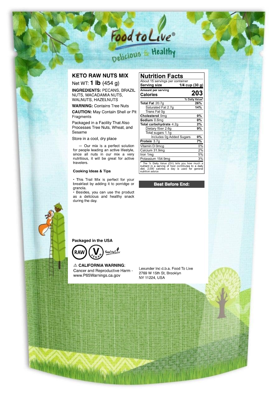Food to Live Keto Nuts Mix, 1 Pound — Keto Snack Contains Raw Brazil Nuts, Pecans, Walnuts, Hazelnuts and Macadamia Nuts, Low Carb Vegan Superfood, Kosher, Non-Irradiated, No Added Sugar, Bulk