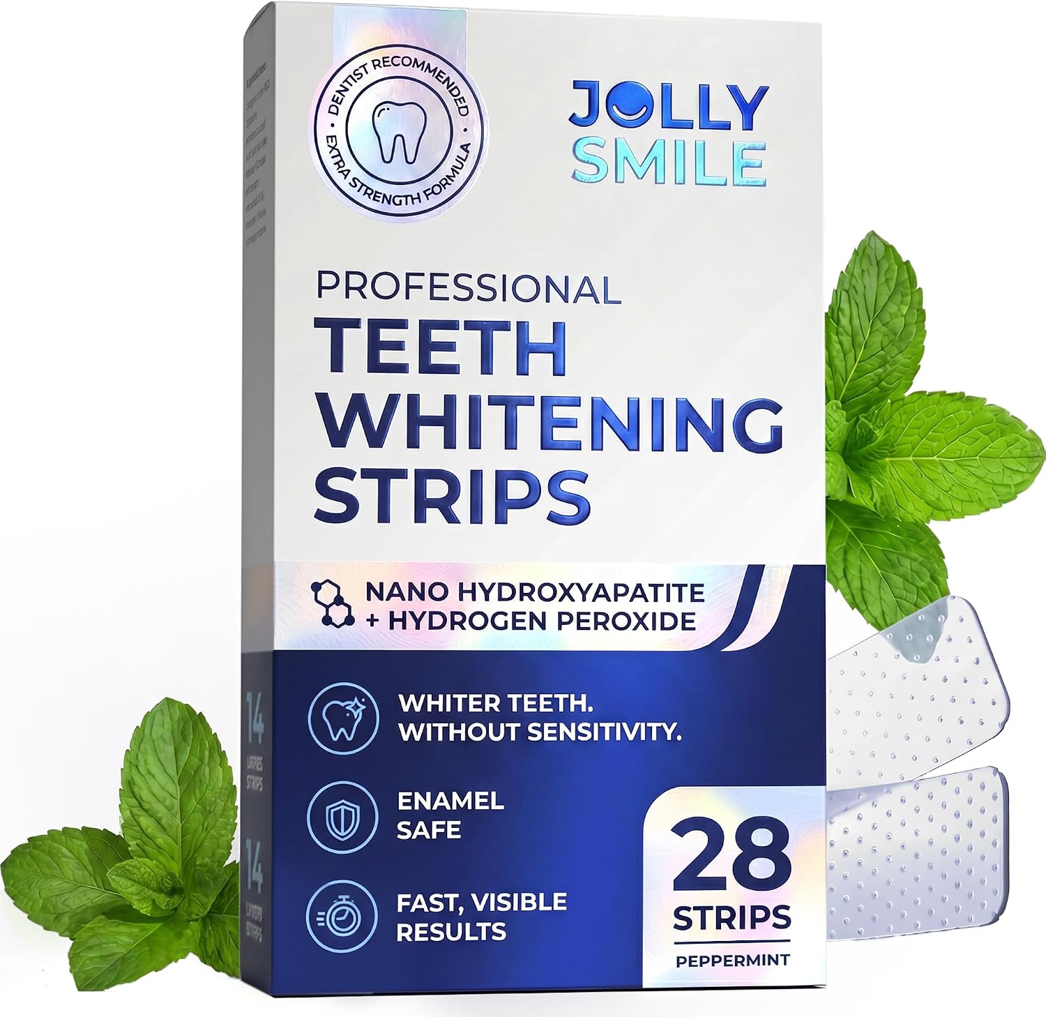 Teeth Whitening Strips for Sensitive Teeth, Whitening Kit with Fast Visible Results in 14 Days, Enamel Safe Strips for a Whiter Smile, Peppermint, Non Slip Grip, 28 Strips, Blue Peppermint