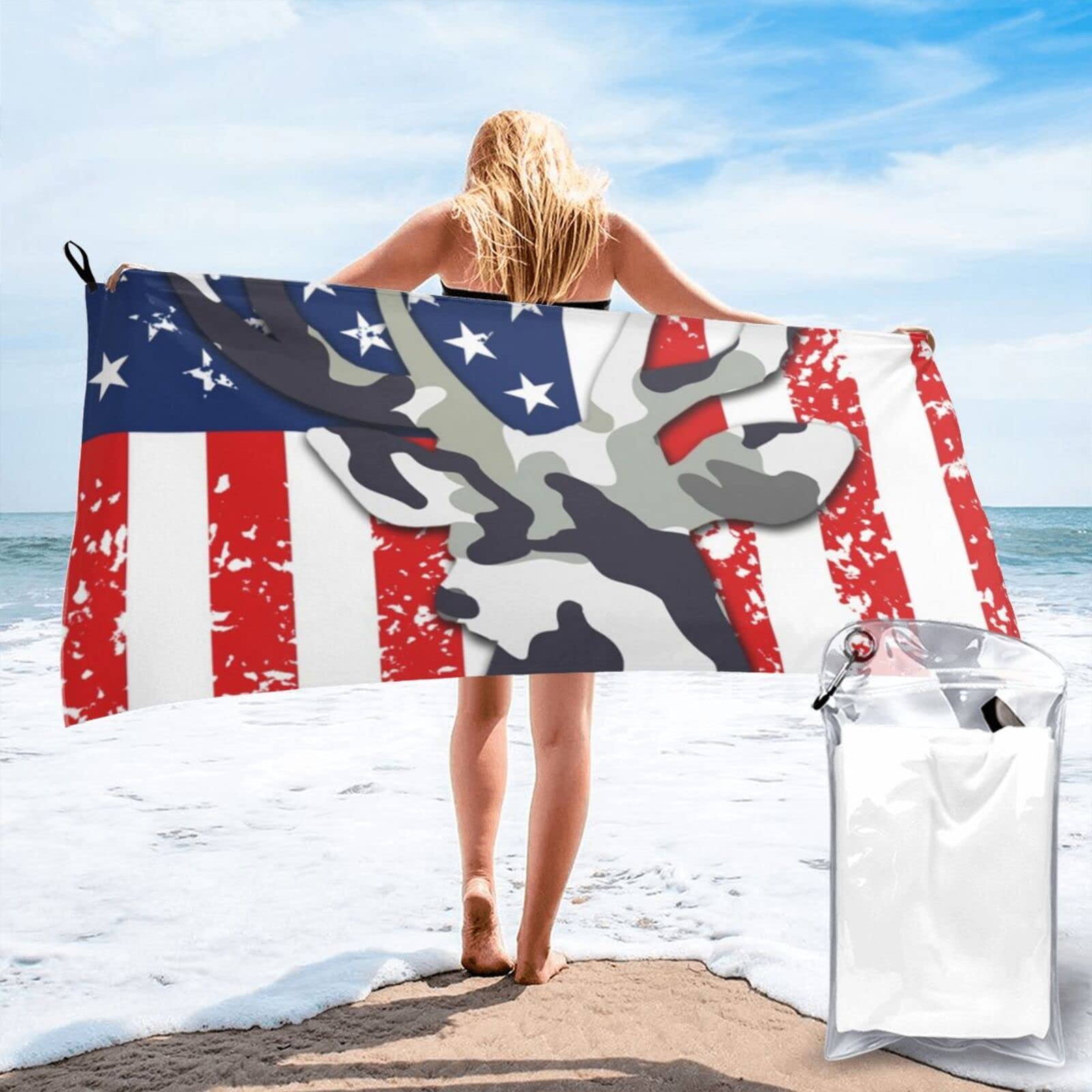 Lawenp Deer American Flag Hunting Microfiber Beach Towel Adults Large Quick Drying Bath Towel Travel Towels with Pouch 27.5"x55"