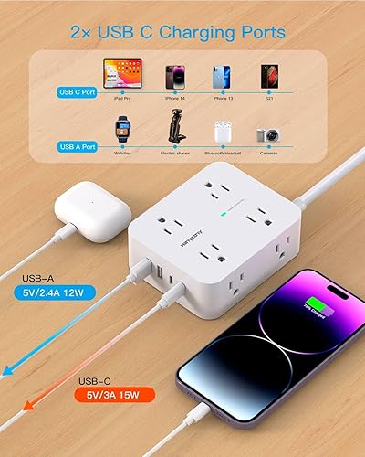 Miniatura 3 de HANYCONY - Tiras de alimentación con protección contra sobretensiones, 8 tomas amplias con 4 puertos USB (2 USB C), tira extensora de salida de 3