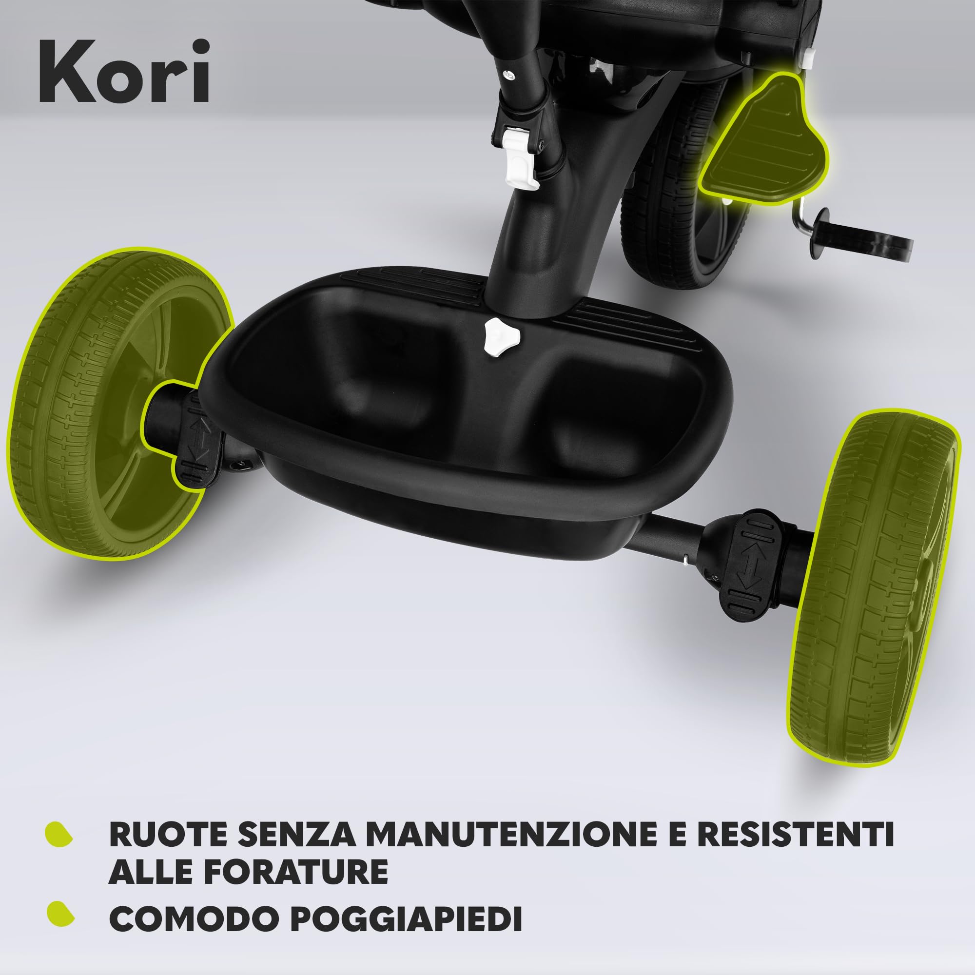 LIONELO Kori Triciclo Evolutivo per Bambini da 1.5 Anni fino a 25 kg Sedile Girevole 360° Telaio ultraleggero in lega di magnesio, Pneumatici resistenti, Maniglione per genitori e Accessori