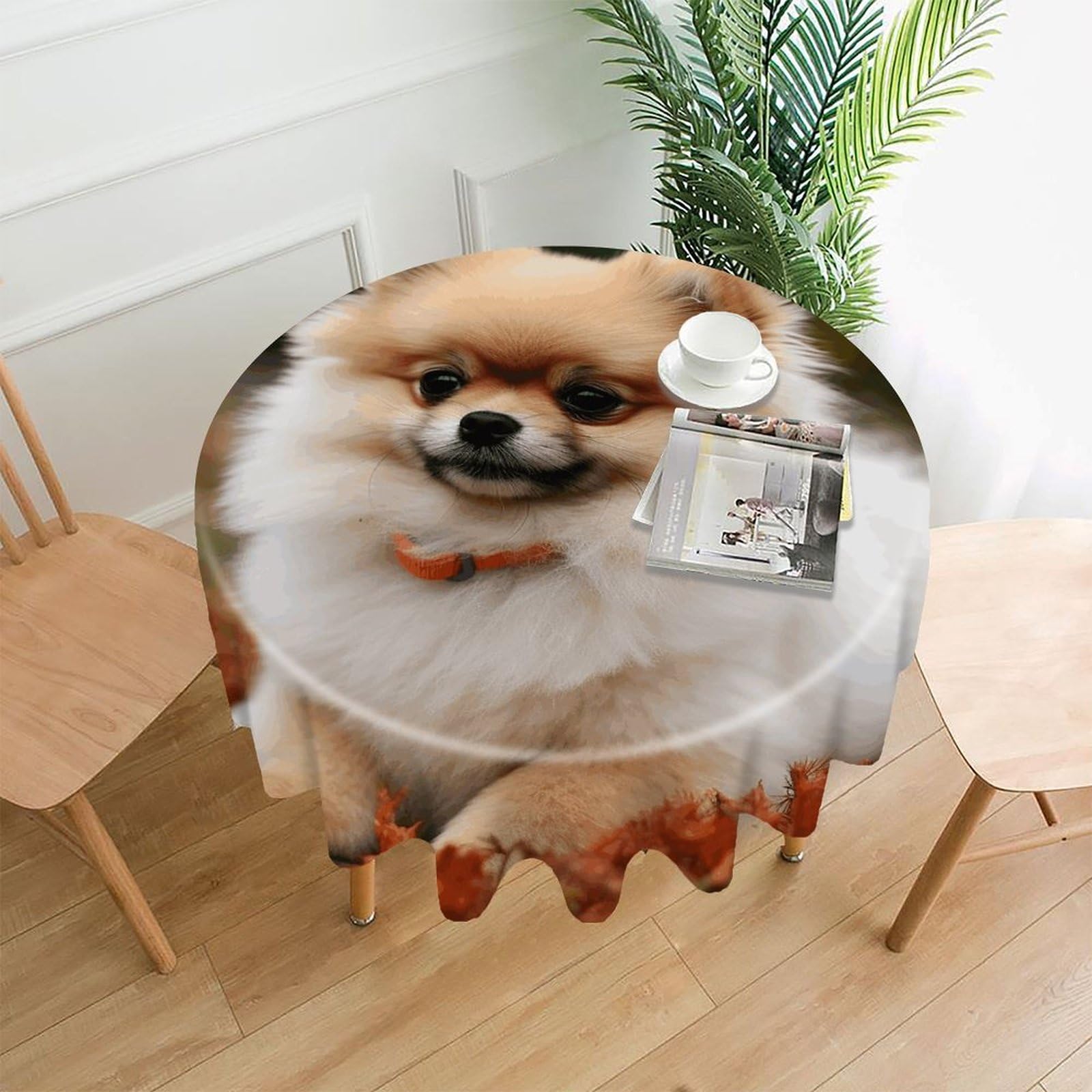 Short Haired Pomeranian Dog Tablecloth Exquisite Wrinkle-Free Straight-Edge Round Table Cloth Anti-Fading Premium Polyester Tablecloth Waterproof Folding Table Cloths for Tables Decor