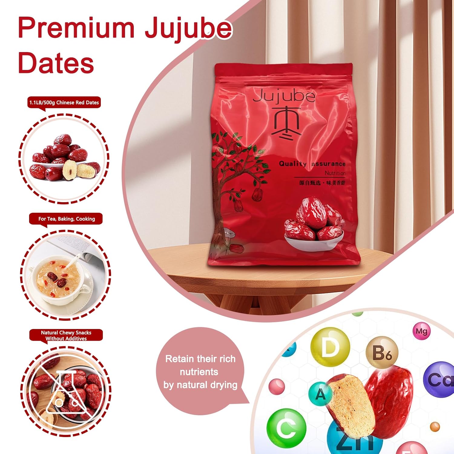 DGYLHBJ 1.1LB(pack of 4) Premium Jujube Dates, Chinese Red Dates, 100% Natural Dried Dates No Added Sugar, Superfood for Tea, Baking, Cooking Without Additives, Nutrient-Rich Jujube Snacks, 红枣（4.4LB in Gift Box）