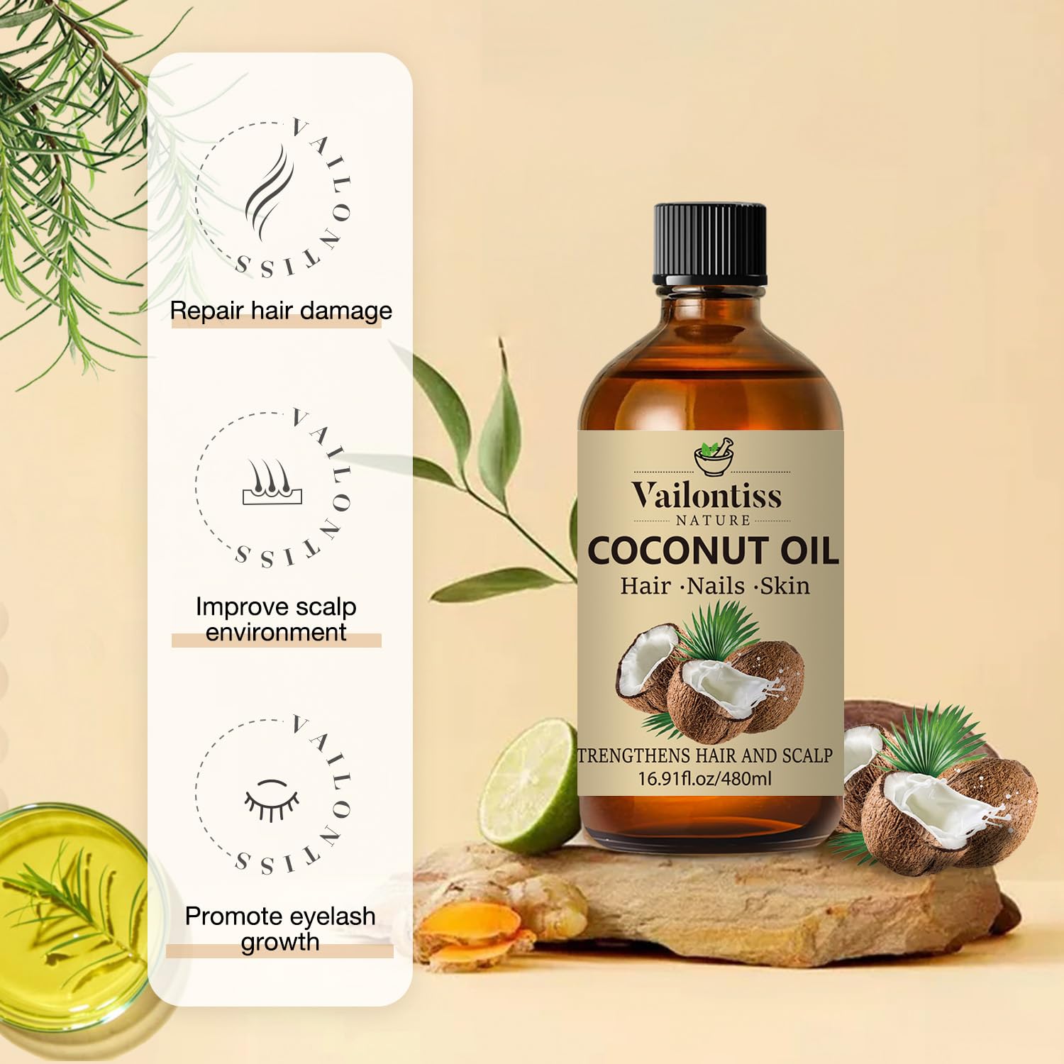 Coconut Oil, Scalp & Hair Strengthening Oil, Coconut Oil for Hair Growth, Dandruff Removal and Hair Strengthening for All Hair Types(Coconut Oil, 16 Fl Oz)