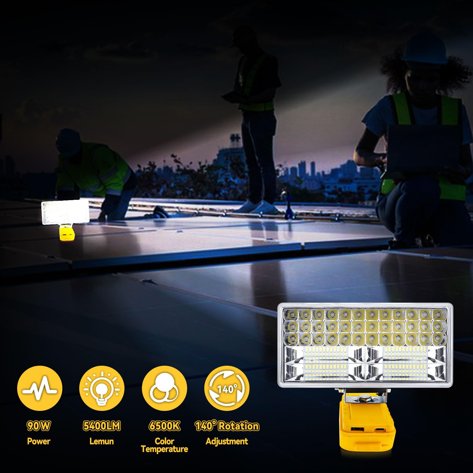 Lámpara de batería para batería Dewalt de 18 V/20 V, luz de trabajo LED inalámbrica de 90 W, 5400 lm, reflectores portátiles, lámpara de sitio de construcción, faro de batería con carga tipo C para