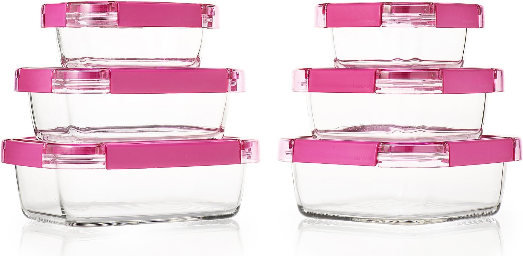 Komax Ice Glass Food Storage Containers, Square & Rectangle, Magenta (Set of 6)