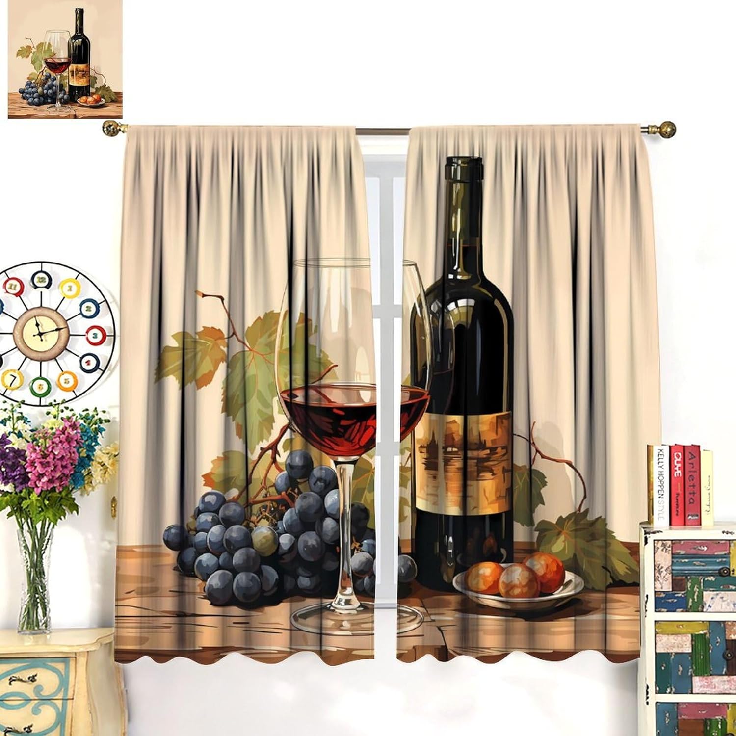 Rustic Red Wine Kitchen Curtains,Vintage Farmhouse Grape Glass Leaves Fruit Blackout Rod Pocket Window Treatments for Women Men Bedroom Living Restaurant Cafe Ofiice Drapes 42" W X 54" L