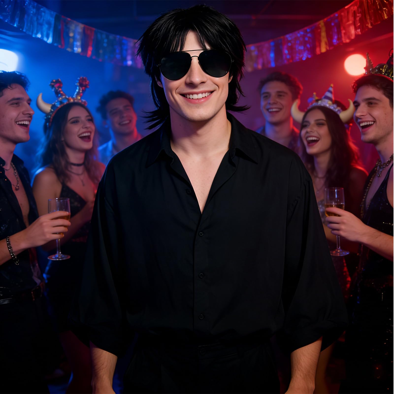Nero Parrucca Mullet Uomo e Occhiali da Sole per Adulti, Naturali a Strati Corti Parrucca da Festa Halloween Carnaval Discoteca Fête de Cheveux Synthétique con Frangia pour Cosplay Carnaval
