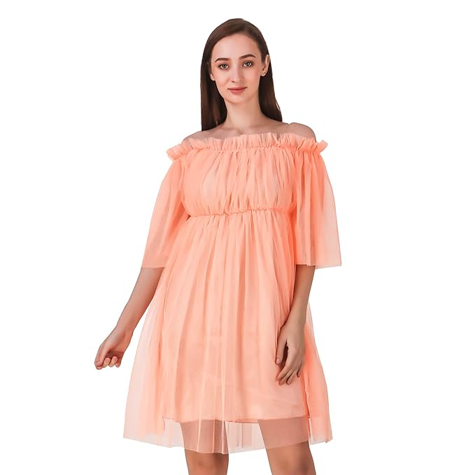 Buy L F Women S Net Off Shoulder One Piece Dress Peach Free Size At Amazon In
