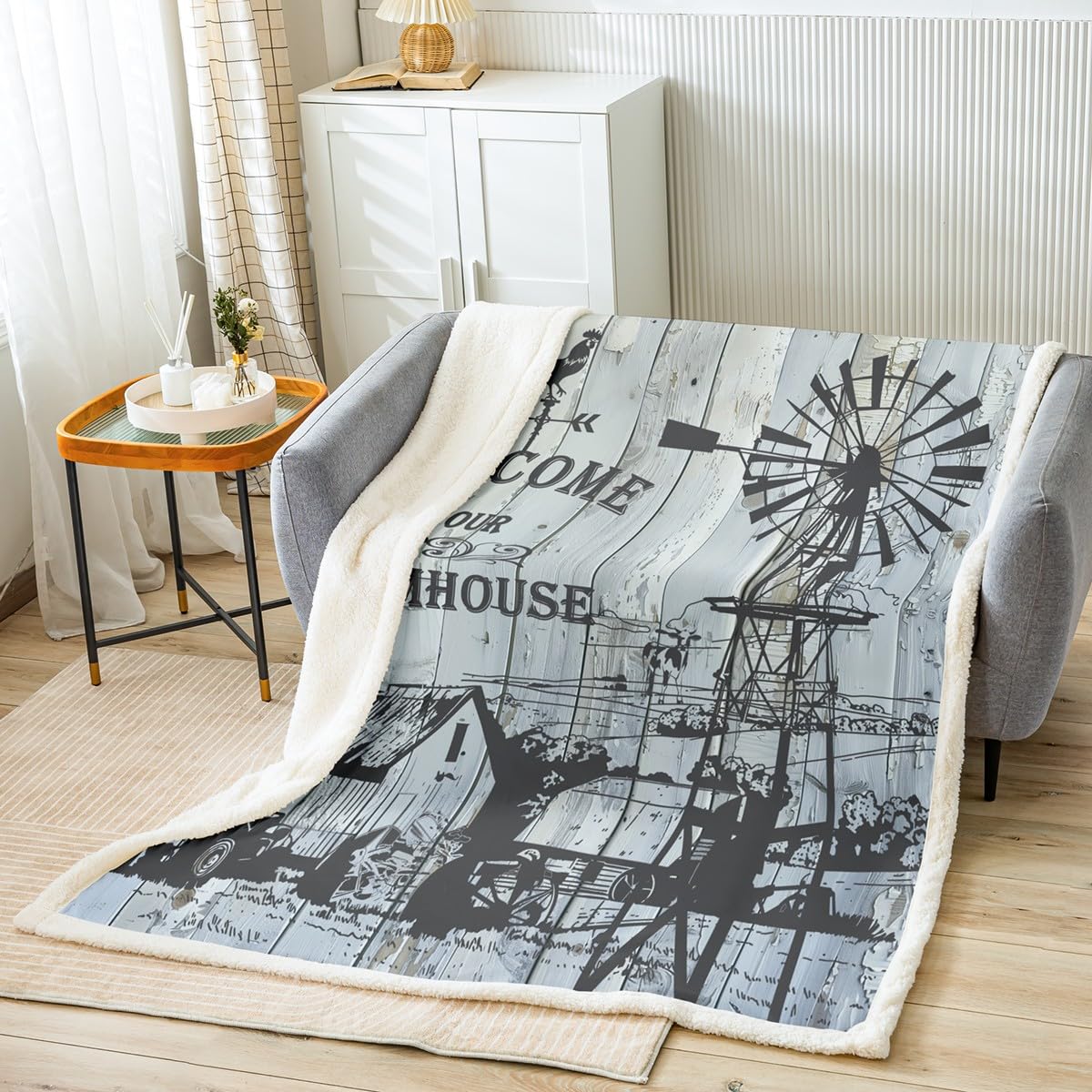 Farmhouse Windmill Fleece Blanket,Rustic Farm Wooden Barn Door Tractor Throw Blanket for Adult,Chicken Milk Cow Animals Hand Sketch Lightweight Polyester Sherpa Blanket for Sofa, Queen (90 x 90 Inch)