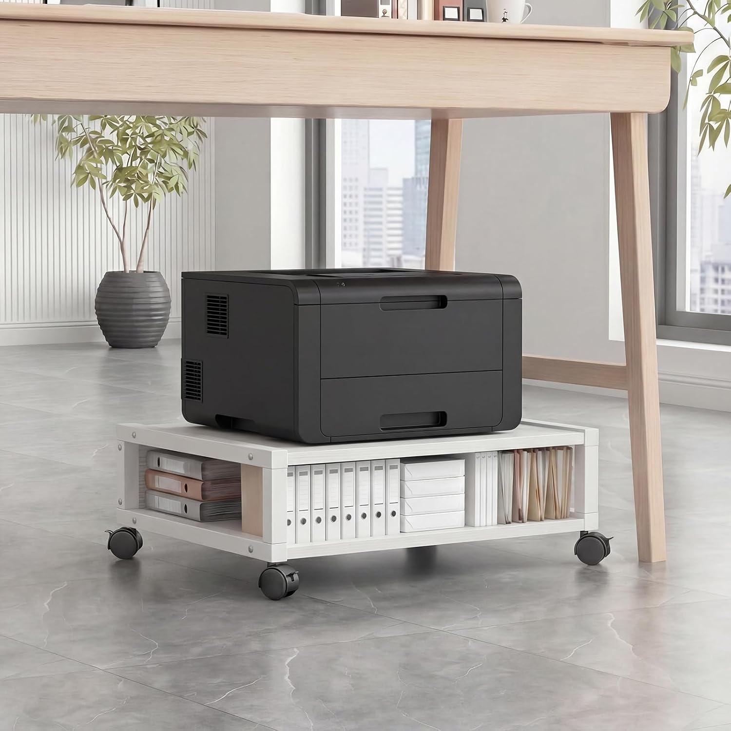 Zonon 2 Tier Printer Stand Under Desk with Wheels, Open Shelf, White
