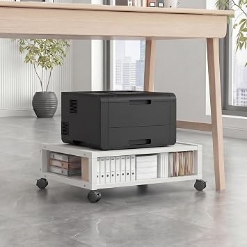 Zonon 2 Tier Printer Stand Under Desk with Wheels, Open Shelf, White