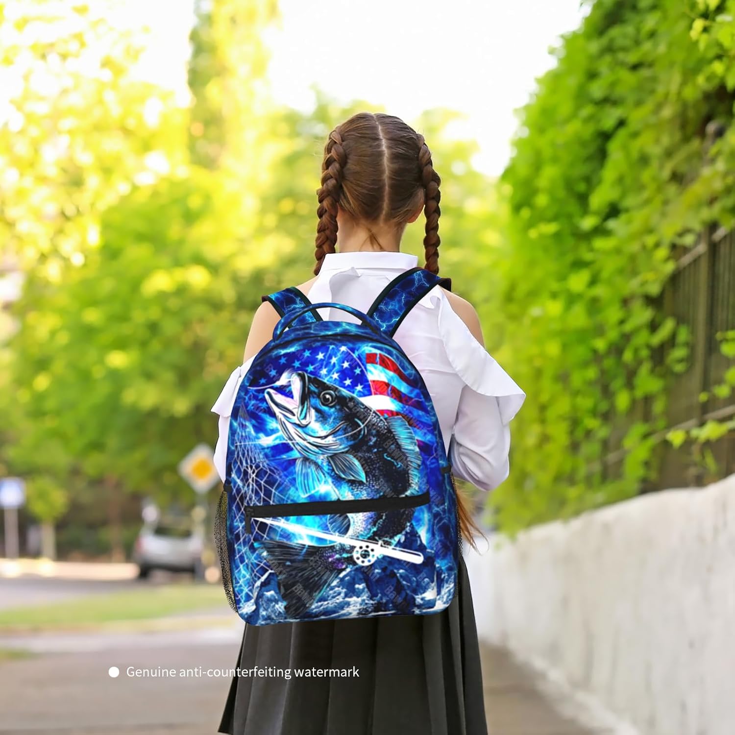 Bass Fish Backpacks for Kids Blue American Flag Schoolbag for Teenage Girls Boys Cute Children Book Bag for Preschool Kindergarten Bookbags Nursery Daycare Back to School Gifts