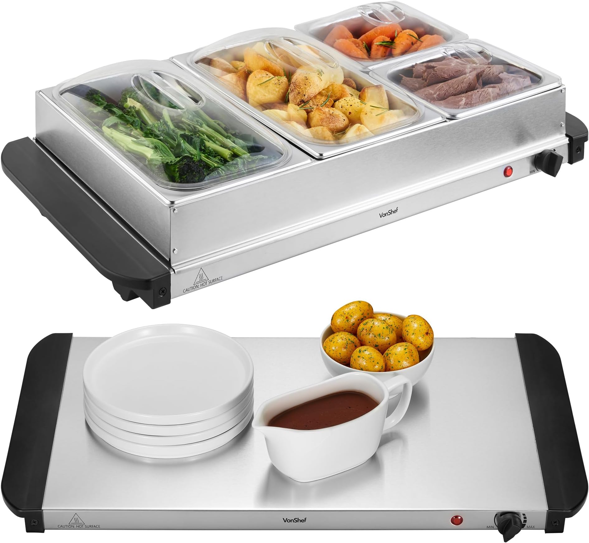 VonShef Food Warmer 4 Tray – 7.2L Table Top Buffet Server 300W with Lids, Plate Warming, Temp Control, Chafing Dish, Hostess Trolley Food Warmer & Cool Touch Handles - 2 x 2.4L and 2 x 1.2L Pans