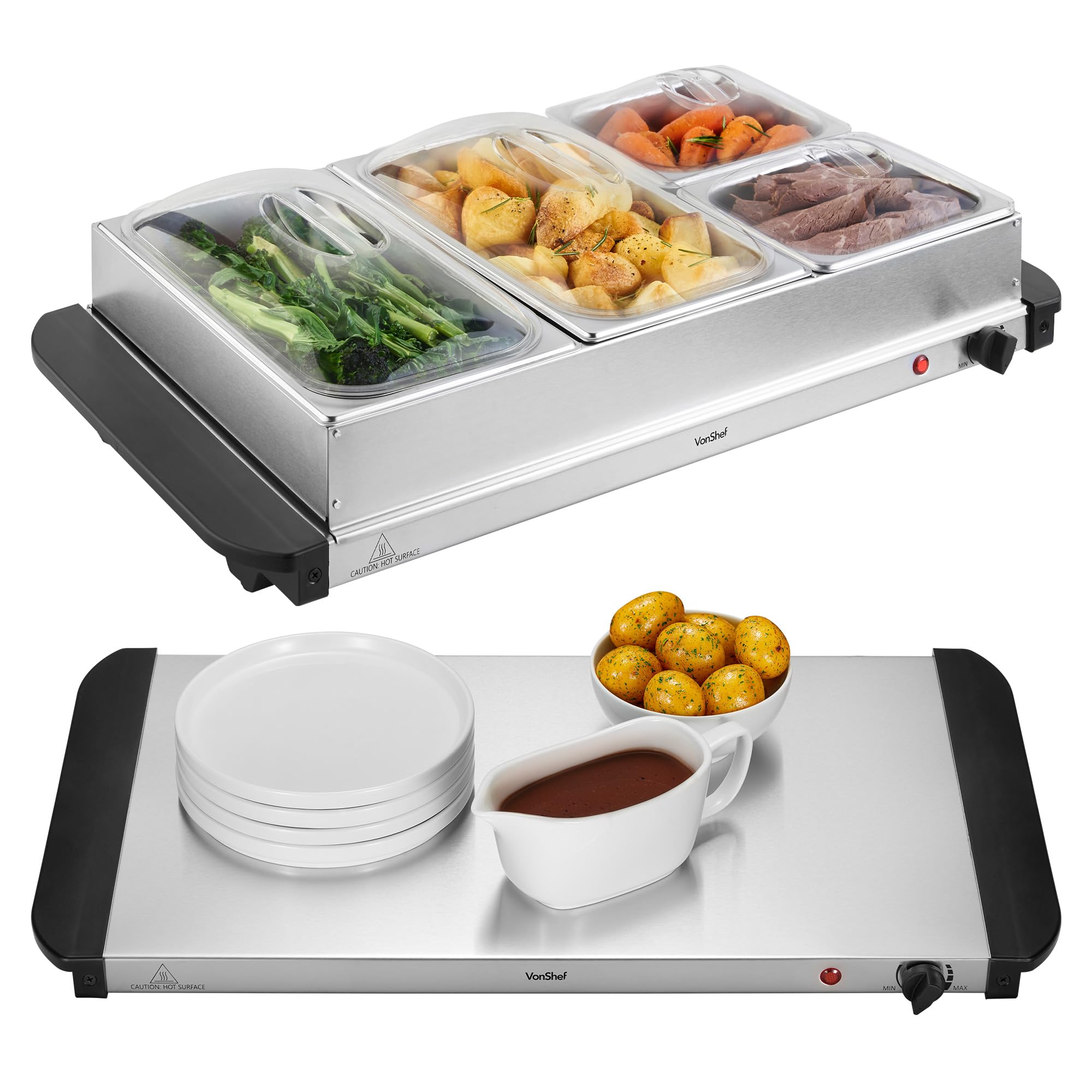 VonShefFood Warmer 4 Tray – 7.2L Table Top Buffet Server 300W with Lids, Plate Warming, Temp Control, Chafing Dish, Hostess Trolley Food Warmer & Cool Touch Handles - 2 x 2.4L and 2 x 1.2L Pans