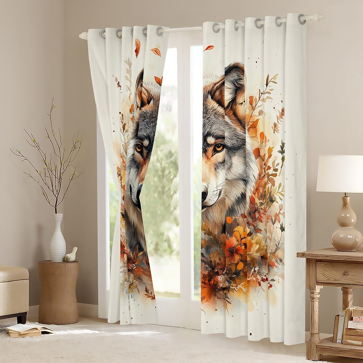 Loussiesd Wolf Vorhänge 245x140cm Tierwölfe Blickdichte Vorhänge Blumen und Pflanzen Fenstervorhang Wildtiere Blickdichte Vorhänge Zimmer Dekor Orange Weiß Gardinen