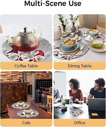 Miniatura 2 de Juego de 2 manteles individuales redondos trenzados, antideslizantes, diseño de gnomos rojos de Navidad, rama, copo de nieve, árbol de Navidad,