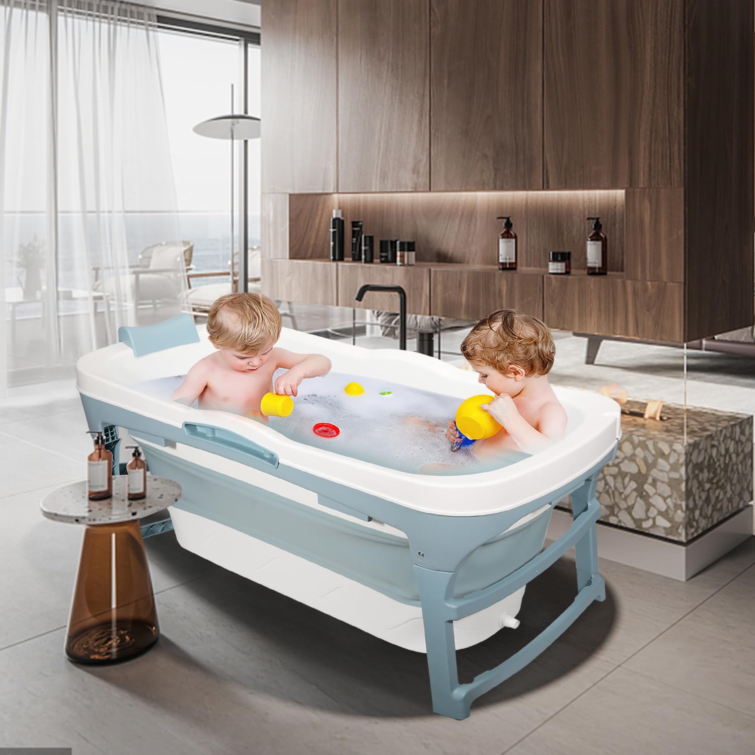 Vasca da bagno pieghevole per adulti, adatta per bagno, doccia e balcone. Ideale per bagni piccoli, dotata di cestino per il sapone e cuscino cervicale, pratica e portatile (118, blu)