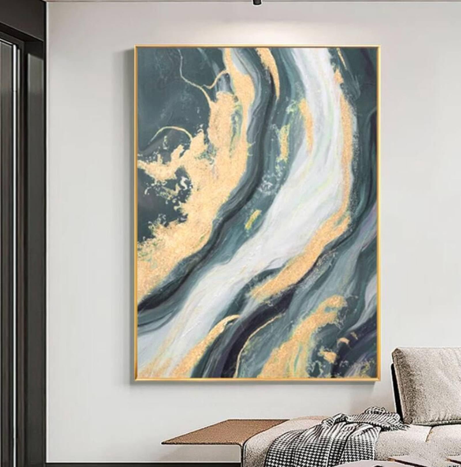 Peinture à l'huile sur toile faite main oeuvre unique abstrait vert forêt or