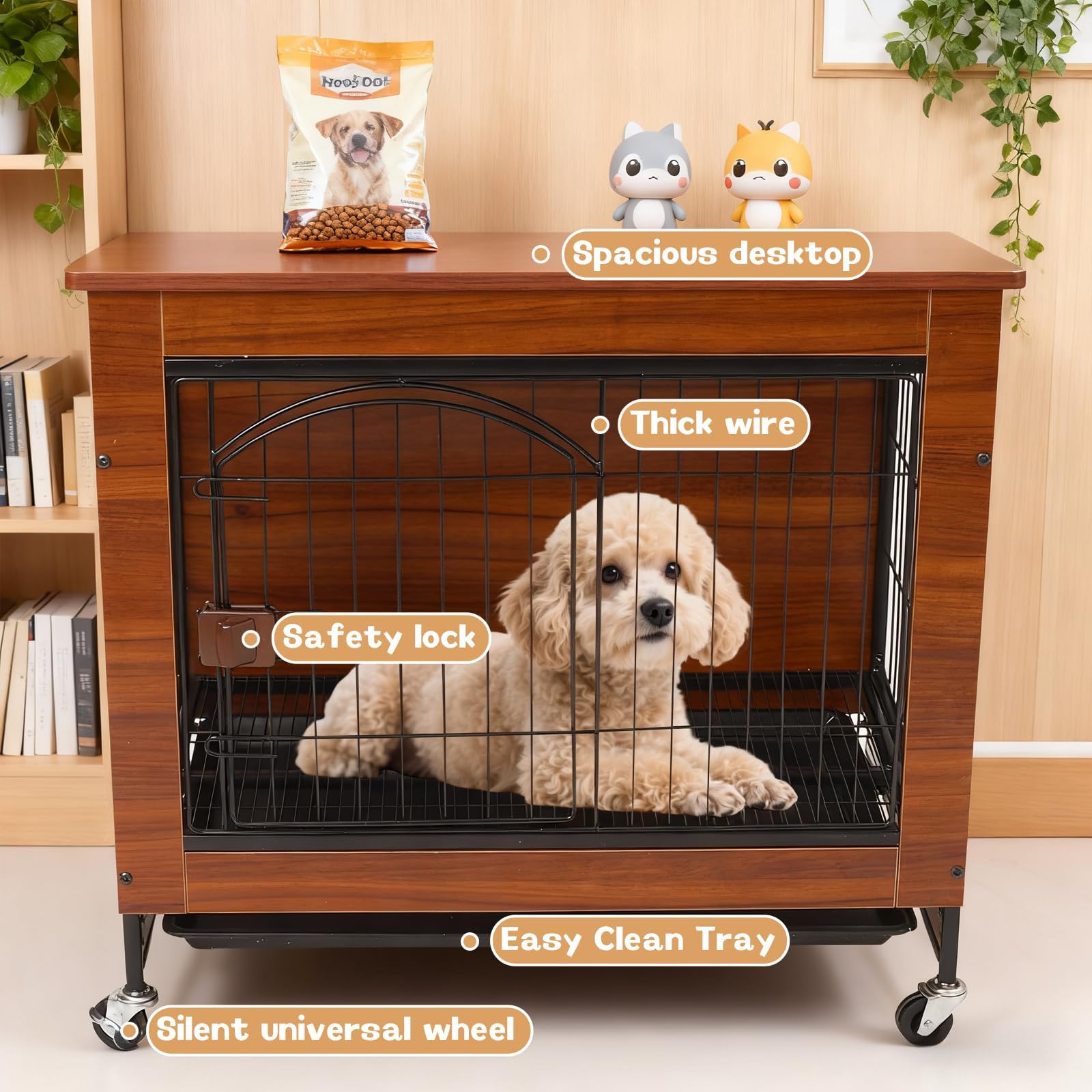 Gabbia per Cani a Stile Mobile, 78cm Casetta per Cani in Legno Moderno per Interni, Multifunzione con Ruote Universali & Vassoio Rimovibile, Adatta a Cani Piccoli/Medi, 78x55x73 cm, Marrone Vintage