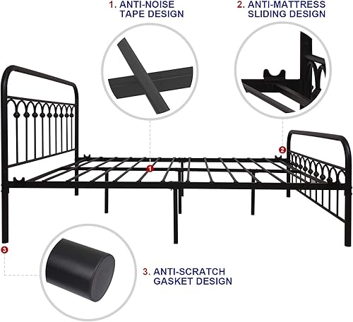 Miniatura 5 de 1730 1710 1707. Marco de cama de metal, tamaño queen, con cabecera vintage y base de plataforma con pie de cama, de hierro forjado. Negro -,Marrón