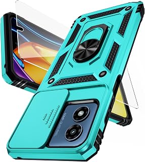 Weycolor for Moto G Play 2024 Case with Camera Lens Cover HD Screen Protector, 10 FT Military Grade Drop Protection, Magnetic Ring Holder Kickstand Protective Phone Case, Ice Green