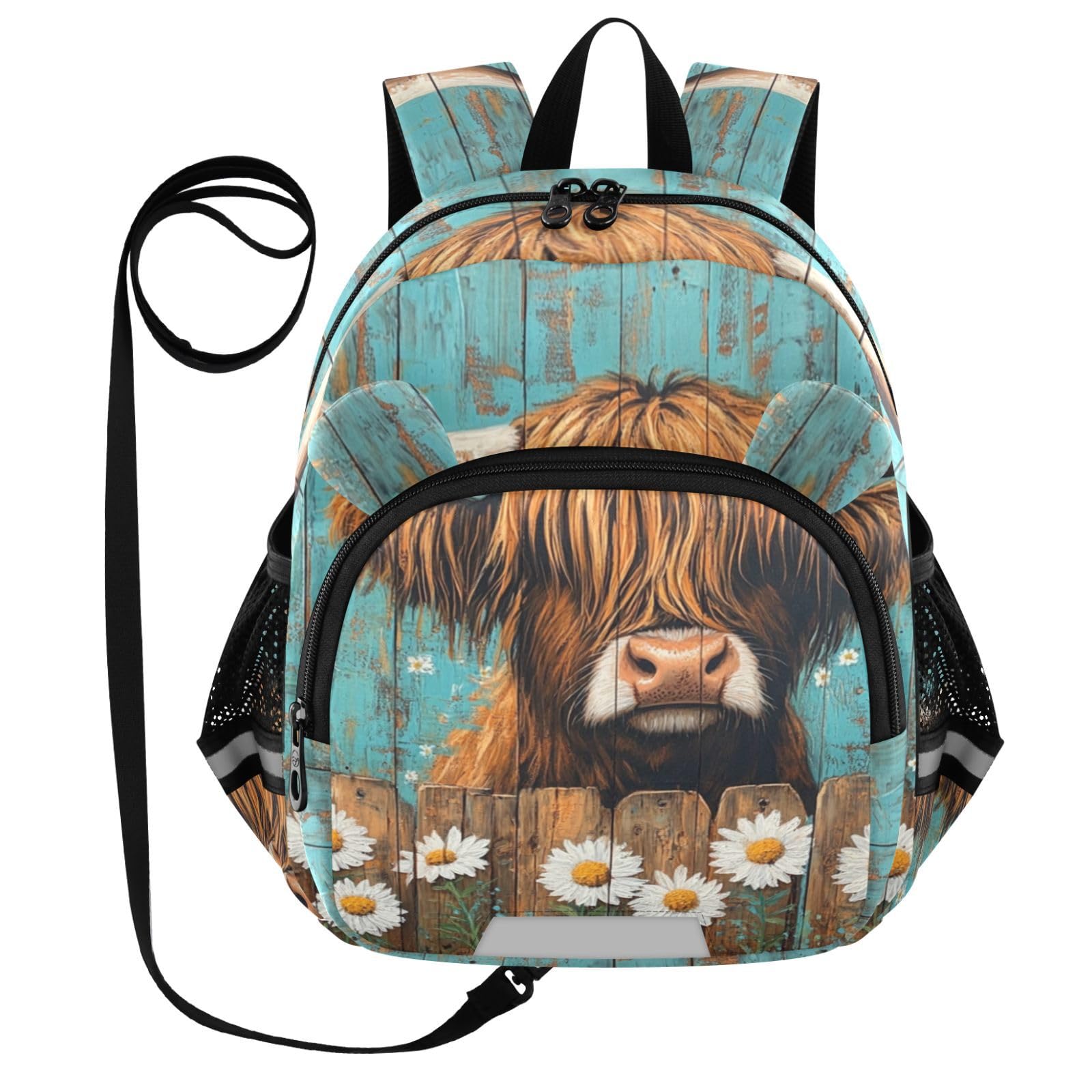 Highland Cow Daisies Toddler Harness Backpack for Boys Girls 3-6 Years Kids Backpack with Anti Lost Safety Leash Baby Travel Bag for Preschool Walking Travel