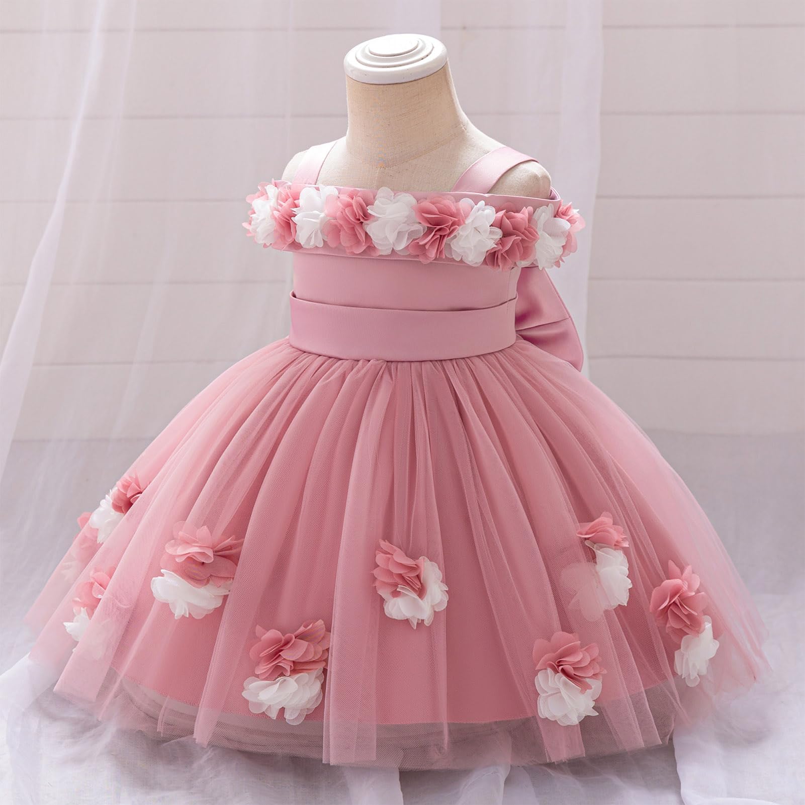 OBEEII Infant Baby Girls Baptism Dress 3D Flower Tulle Tutu Flower Girl Dress Toddler Formal First Birthday Pageant Ball Gown Princess Christening First Communion Prom Gown Dusty Pink 18-24 Months