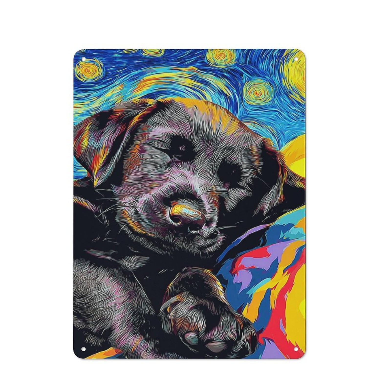Junmoney Starry Night Puppy Art Print Vintage Bistro Metal Sign 40X30cm, Bistro Wall Plaque For Takeaway, Bar, Kitchen Or Counter Area