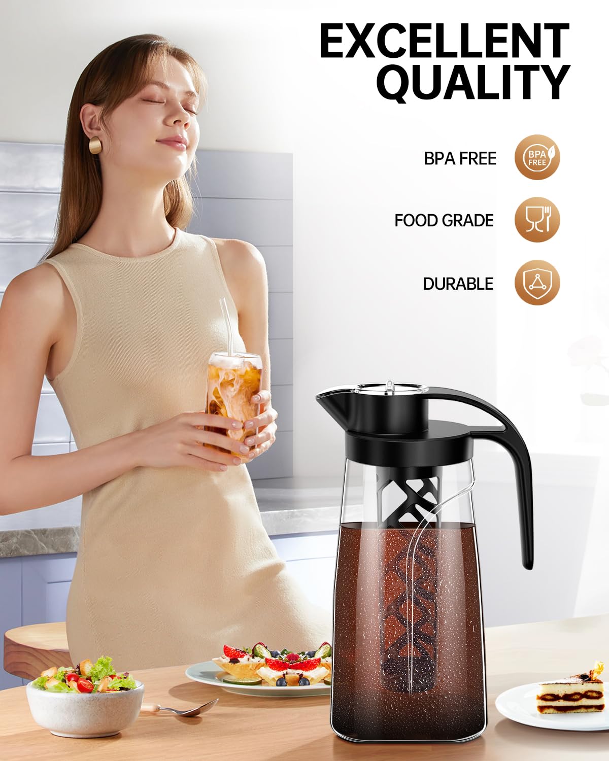 Cafetera fría de 70 onzas (71.0 fl oz), jarra Tritan sin BPA, cafetera helada y cafetera de té, 100% a prueba de fugas, filtro de malla reutilizable fácil de limpiar, color negro 2