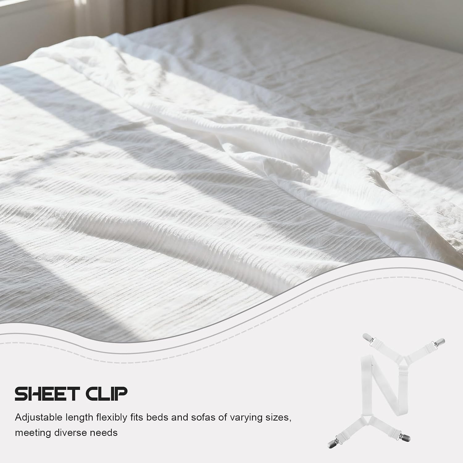 4pcs Adjustable Bed Sheet Fasteners with Strong Grip and Elastic Straps, Stainless Steel Metal Clips for Fitted Bedding, Couch Covers, and Sofa Pads, for Home Organization