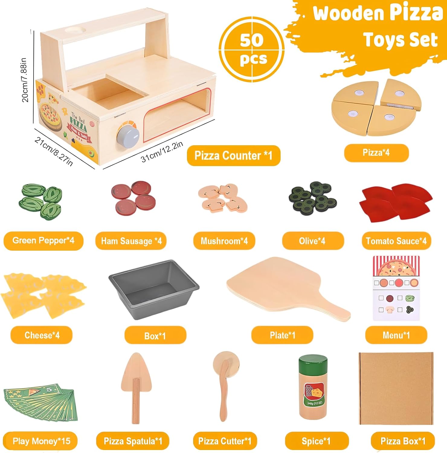 Wooden Play Food for Kids Pretend Hamburger Set Fast Food Toy Play Kitchen Accessories for Toddlers Toy Food Gift for Boys Girls Educational Toys (Pizza)