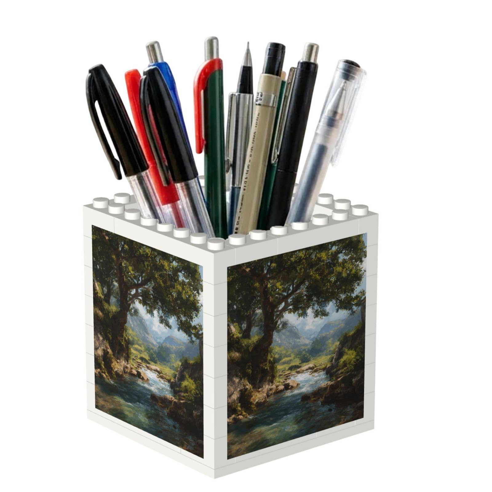 ESNAIUVCD Natural Scenery Print Building Block Pen Holder - Pencil Holder For Desk/Classroom,Desk Accessories, Multifunctional Office Supplies Pen Organizer Pencil Cups(2pcs)