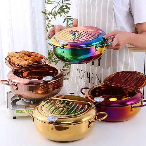 Miniatura 10 de QIBOORUN Freidora de acero inoxidable Tempura con termómetro freidora de aceite alas de pollo, tapa a prueba de polvo y estante de goteo de aceite