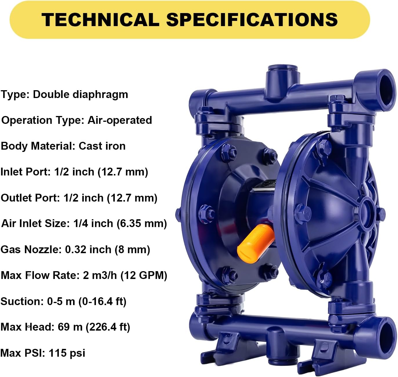 Air-Operated Heavy Duty Double Diaphragm Transfer Pump, QBK-15 Pneumatic Membrane Pump, 1/2" Inlet & Outlet, 12 GPM, Max 115 PSI, 1/4" Air Inlet for Diesel, Grease, Kerosene & Oil