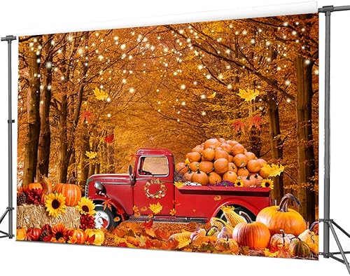 Miniatura 3 de CYLYH Telón de fondo de fotografía de otoño de 8 x 6 pies, hojas de bosque de arce, automóvil, calabaza, amigos, fondo, suministros de fiesta de