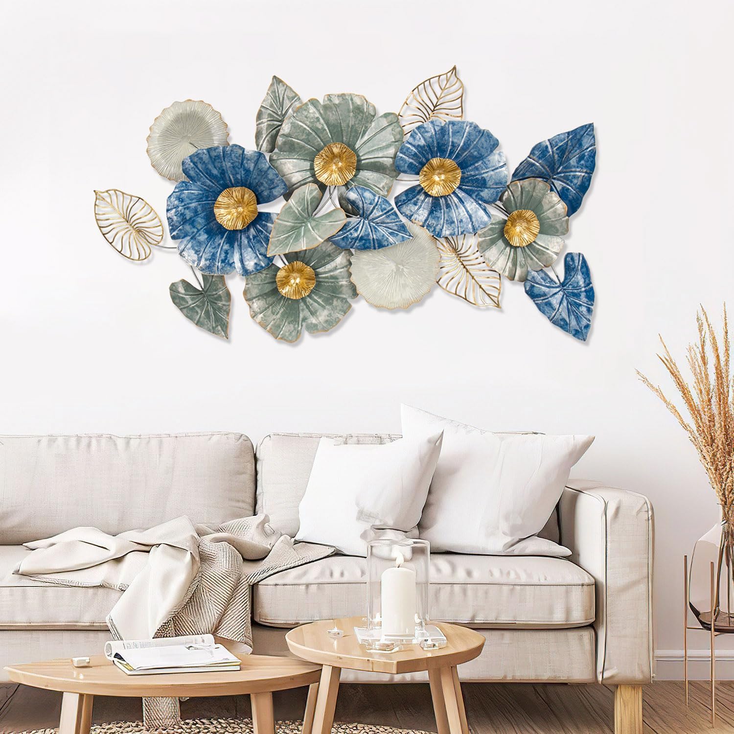 45" Large Metal Wall Art Decor, Floral Blue Wall Decor Art Wall Hanging Decorations for Home Office Dining Room Bedroom Kitchen Living Room, White and Gold Wall Sculptures Modern Accent, Long Iron Metal Art