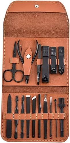 MEGA So - 16-Piece Professional Manicure and Pedicure Kit, Stainless Steel Grooming Tools, with PU Leather Case, Black and Brown